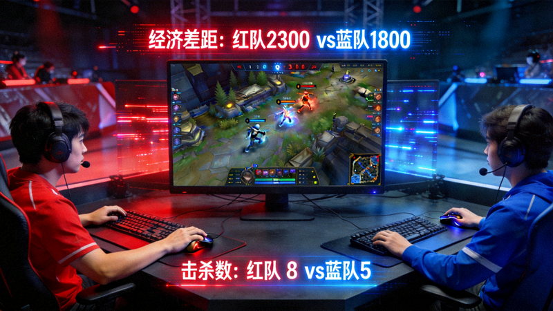 电竞牛赛事视界实况转播画面，显示两支战队在赛场上对抗，经济差距与击杀动态实时展示